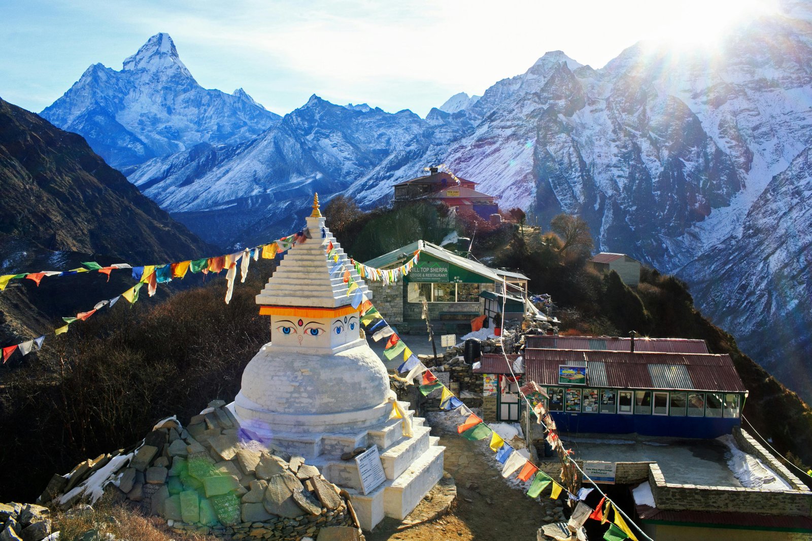 Stupa with snow-capped Himalayan mountains in the background